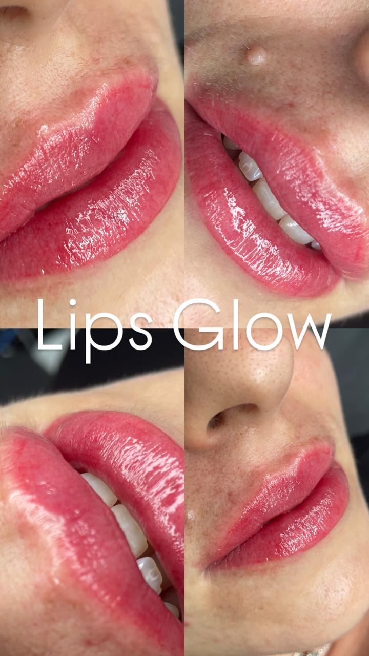 Colagem de quatro resultados de Lips Glow: lábios com cor rosada e brilho